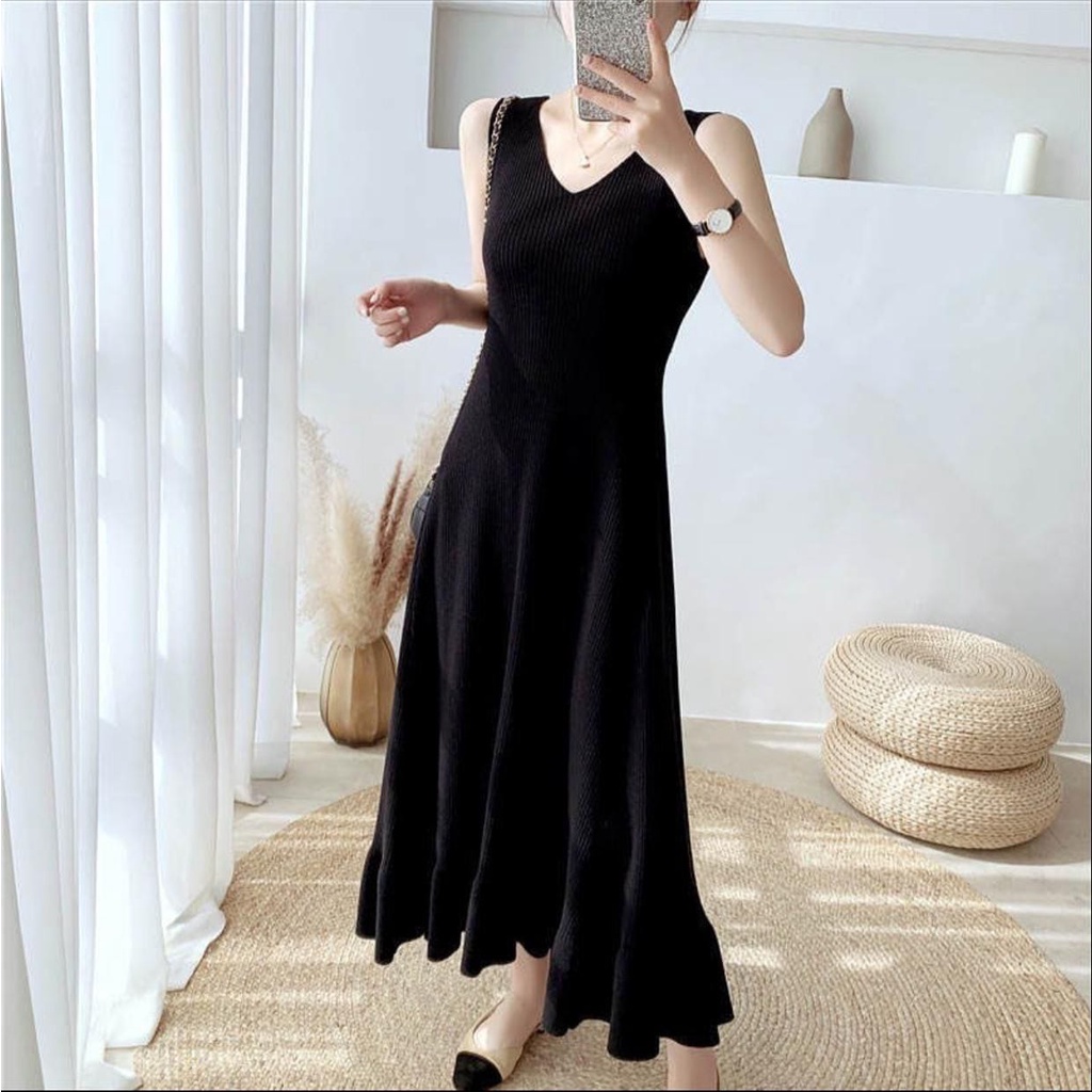 HOPYLOVY - Maxi Dress Wanita Tanpa Lengan Bahan Rajut Premium Lala