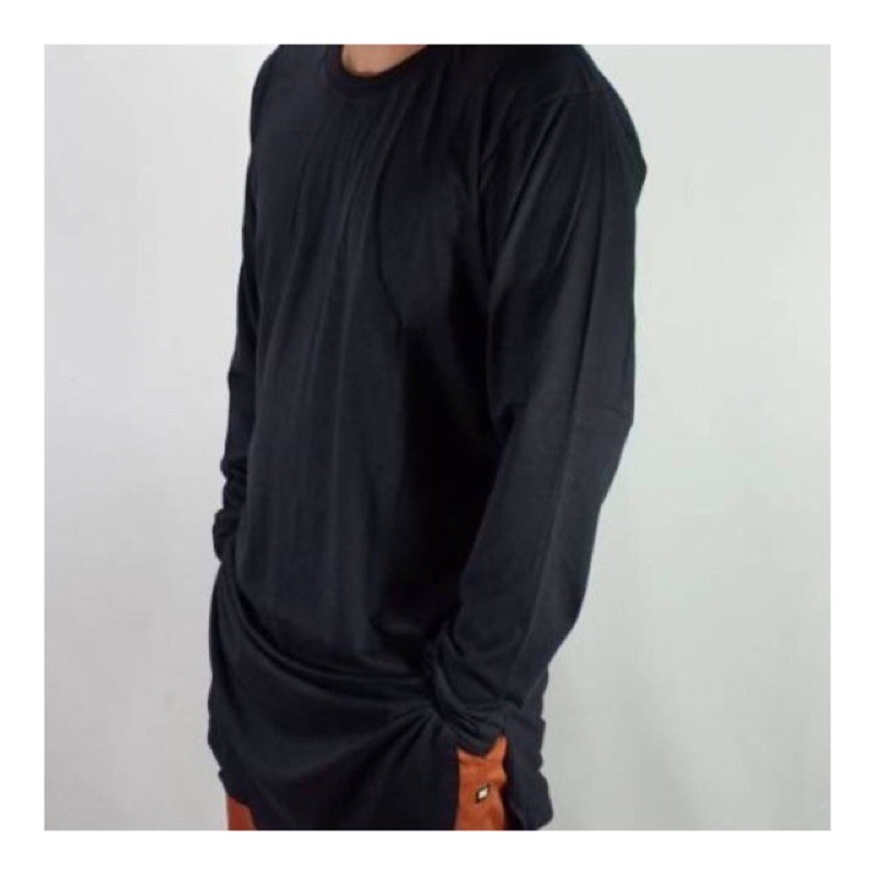 KAOS LONGLINE KURTA HITAM POLOS LENGAN PANJANG / Atasan Muslim Pria