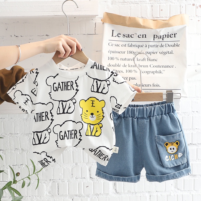 Setelan Anak Laki Laki GATHER Summer Set 2in1 Baju Anak kaos dan celana denim Korean Style Import