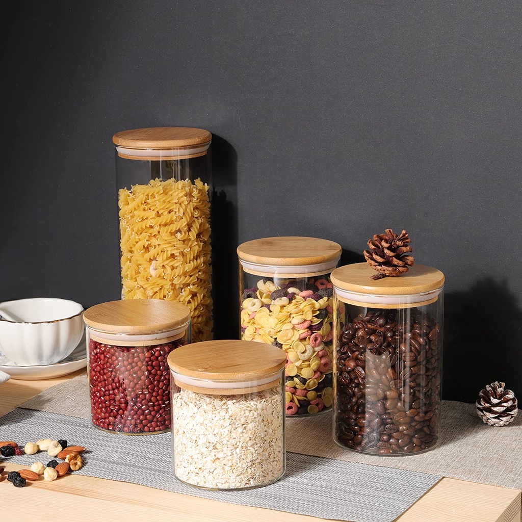 Toples kaca kedap udara penyimpanan makanan bumbu awet tahan lama tutup kayu One Two Cups Toples Kaca Penyimpanan Makanan Glass Jar Glass Food Storage Containers Spices Transparent With Lids Cookie Kitchen For Sugar Candy Cookie Rice Spice Jars