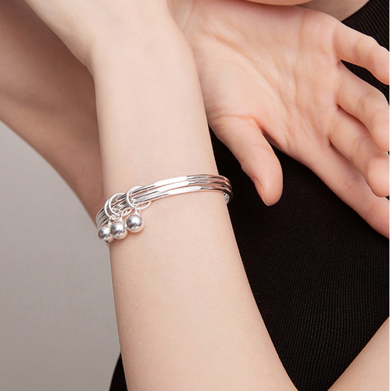 925 Sterling Silver Gelang Wanita Tiga Lingkaran Bell Gelang Fashion Jewelry