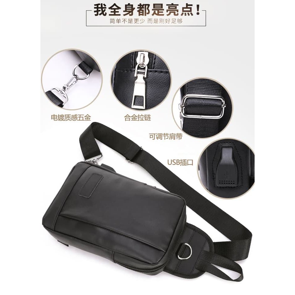 66 Tas Selempang Kulit Pria Sling Bag USB - Hitam