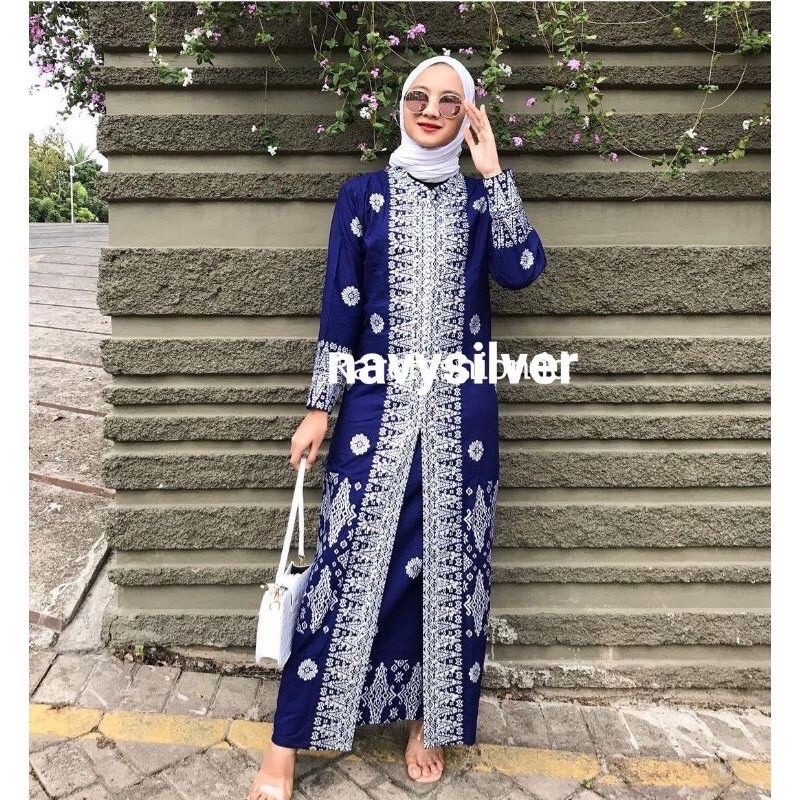 COUPLE GAMIS BATIK SONGKET PALEMBANG NAVY SILVER