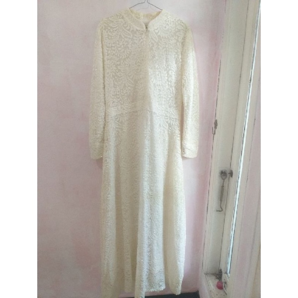 gamis brokat premium putih tulang