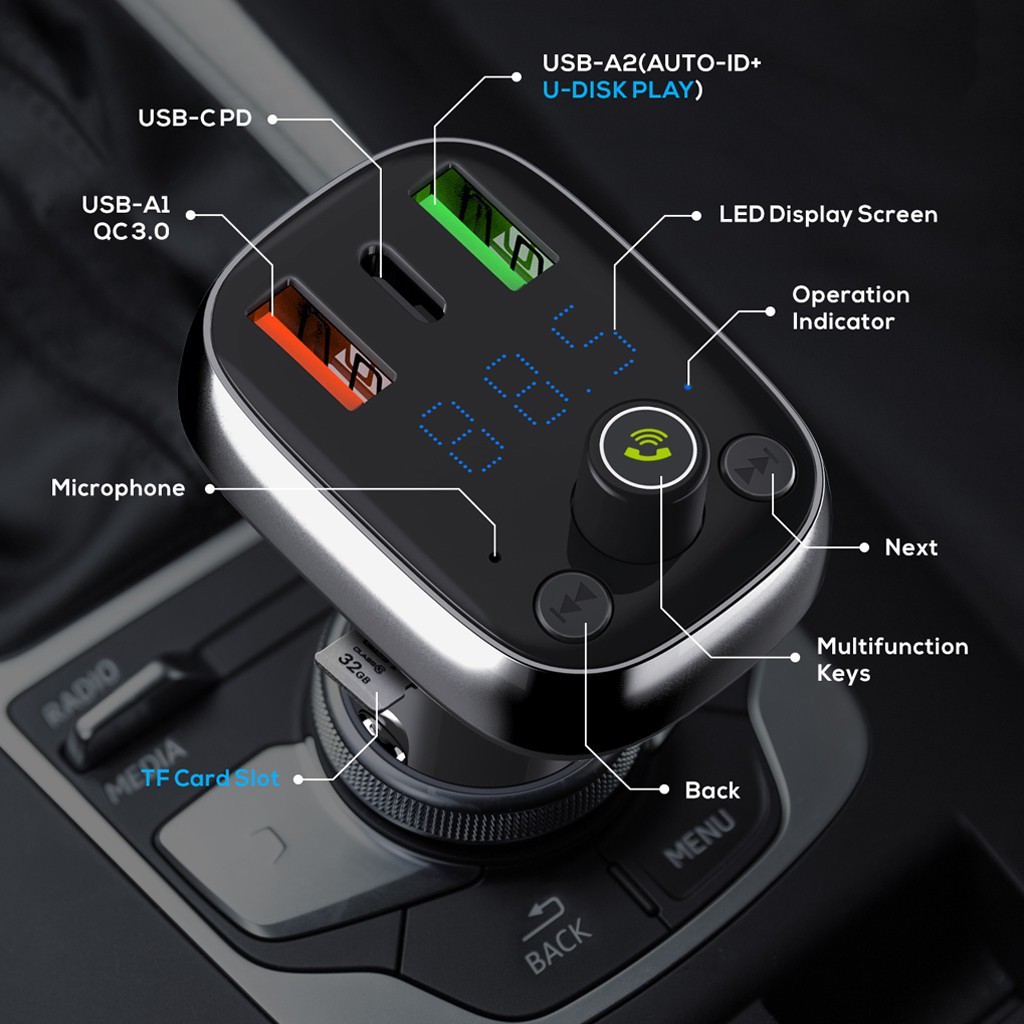 LDNIO CQ704 Bluetooth FM Transmitter Charger USB-C PD with QC 4.0 &amp; Auto-ID Technology