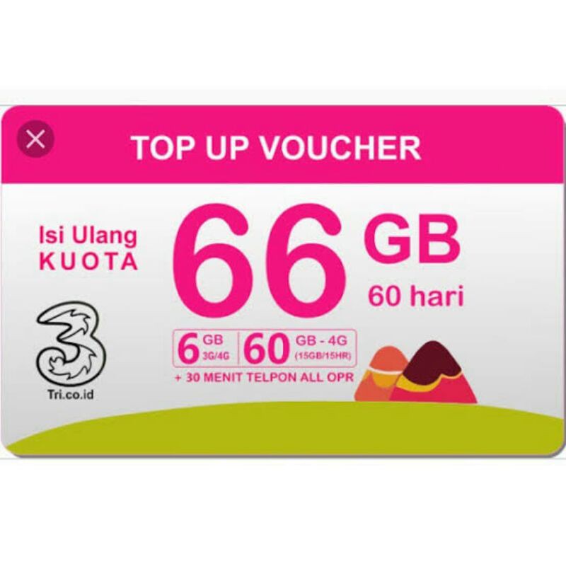 Jual Voucher 66Gb Paket Data Tri 4G LTE 6GB unlimited + 60GB selama 30 hari