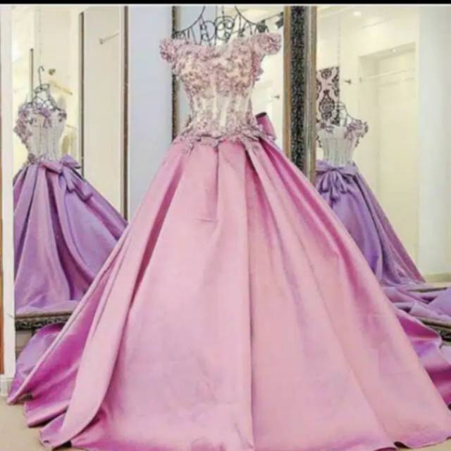 Gaun pengantin  sabrina  purple  wedding  gown satin  ballgown  dress  pengantin sabrina  wedding