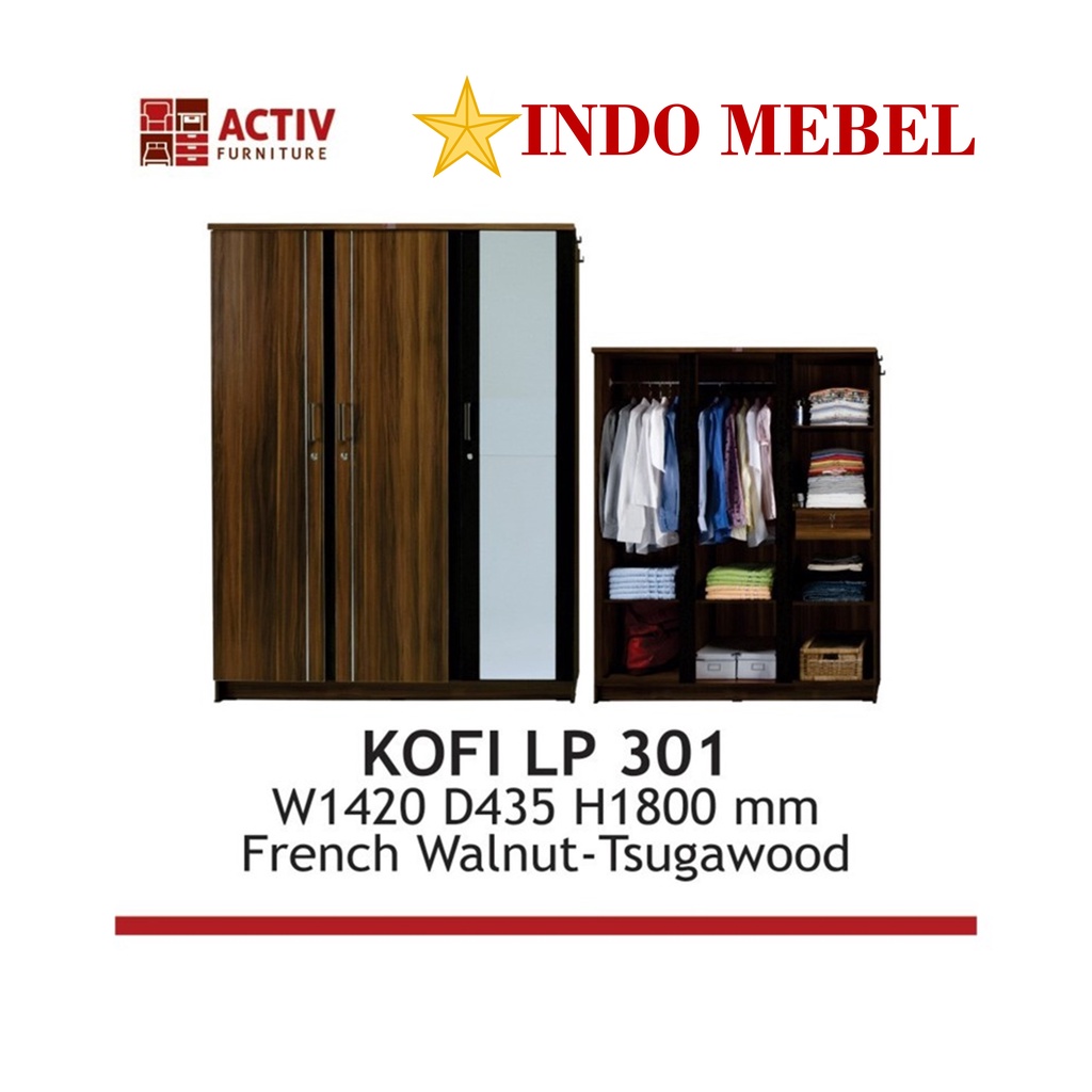 Lemari Pakaian Baju Activ 3 Pintu Kaca Cermin KOFI LP301 Minimalis READY MAKASSAR PROMO