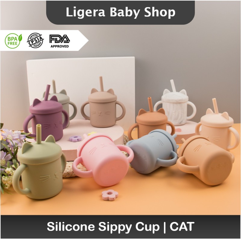 LIGERA Silicone Baby Cat Sippy Cup Training with Straw Anti Pecah BPA FREE MPASI Bayi