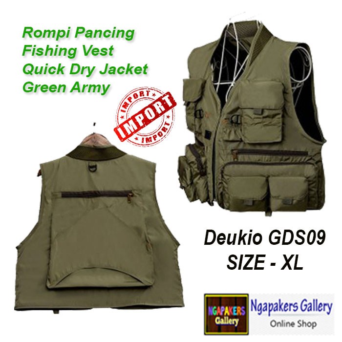 Rompi Pancing Fishing Vest Quick Dry Jacket Deukio XL - Green Army