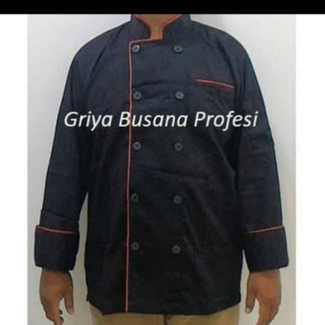 JUMBO 3XL Seragam Baju Chef Baju Koki Hitam Lengan Panjang Ld 140cm