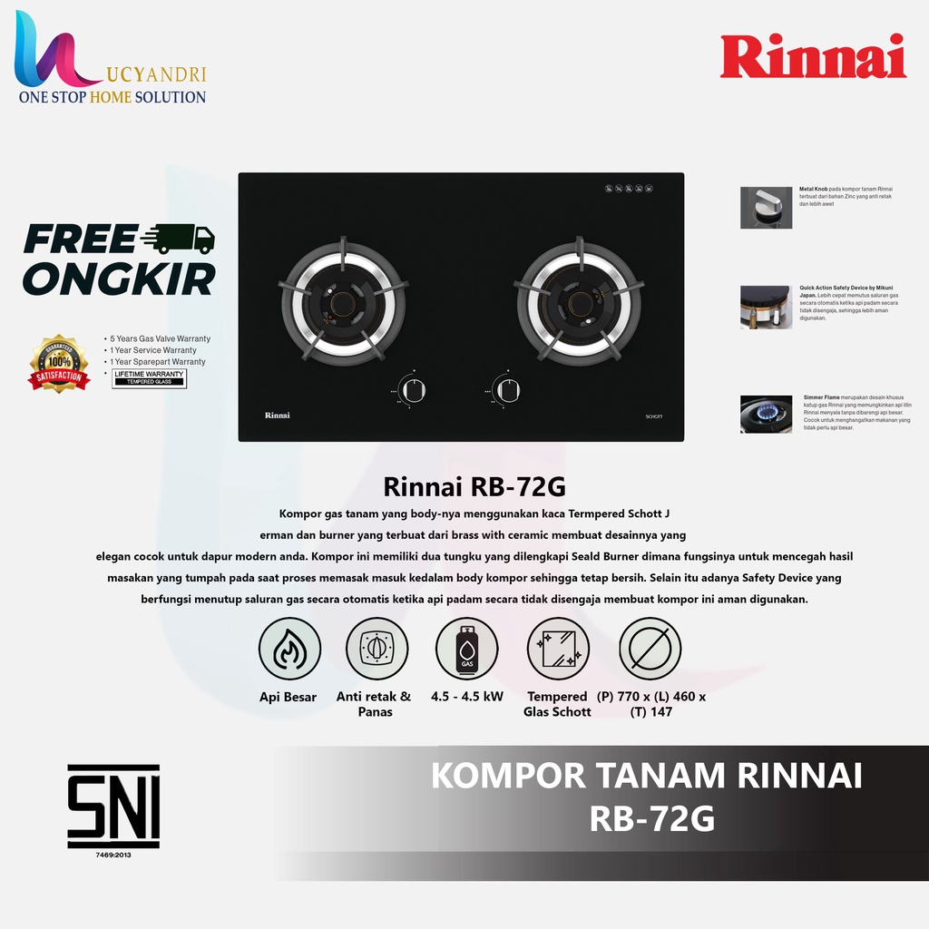 Rinnai Kompor Gas Tanam 2 Tungku Rinnai RB 72 G FREE ONGKIR