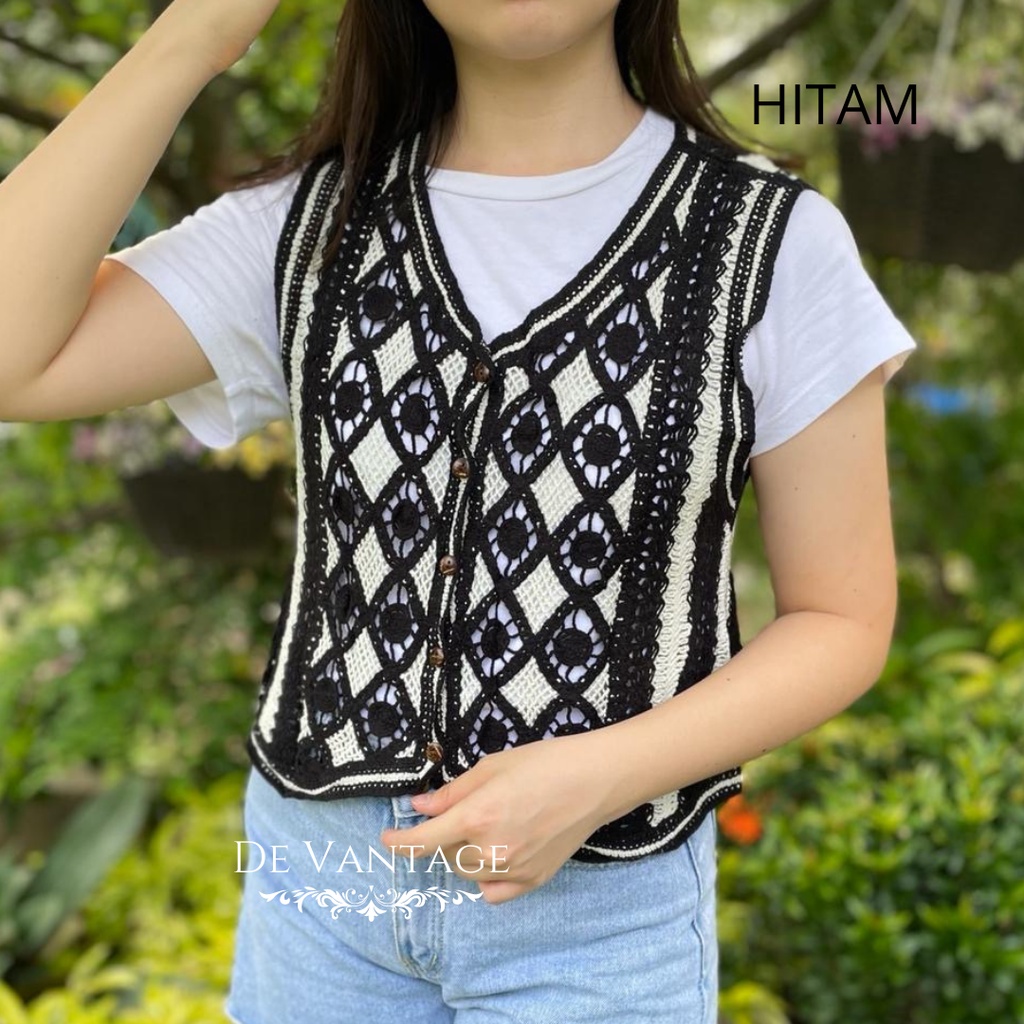 Vest Rajut / Rompi Lace Motif Kotak / Korean Knit Vest