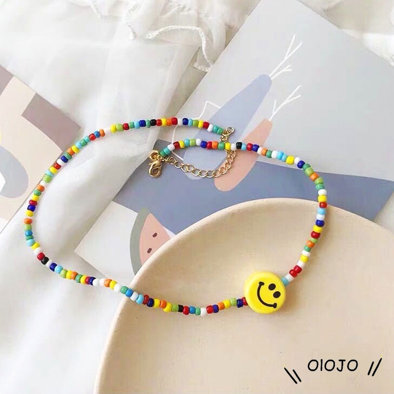 Fashion Smile Retro Bohemian Pendek Berwarna-warni Manik-manik Beras Populer Kalung Wanita Aksesoris - ol