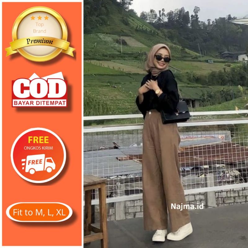 Celana wanita kulot linen kancing depan