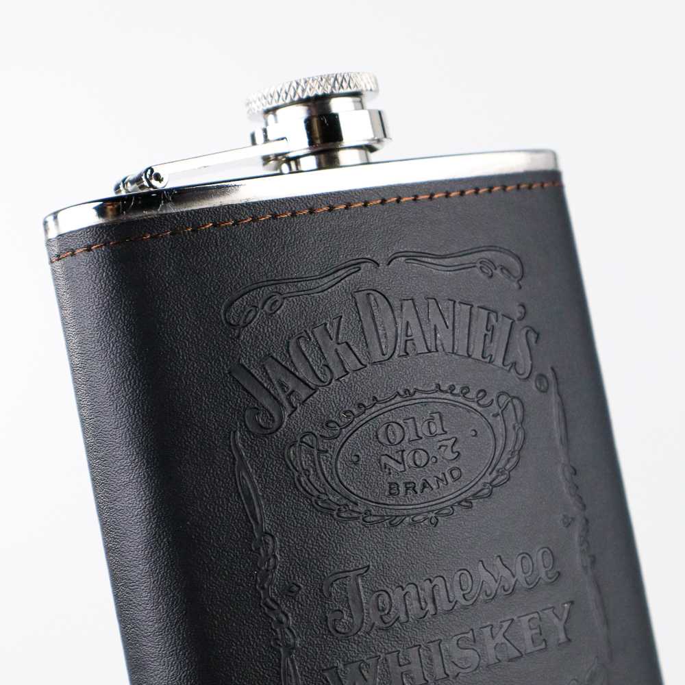 TD-AI04 One Two Cups Botol Bir Hip Flask Stainless Leather 7Oz with Shot Glass