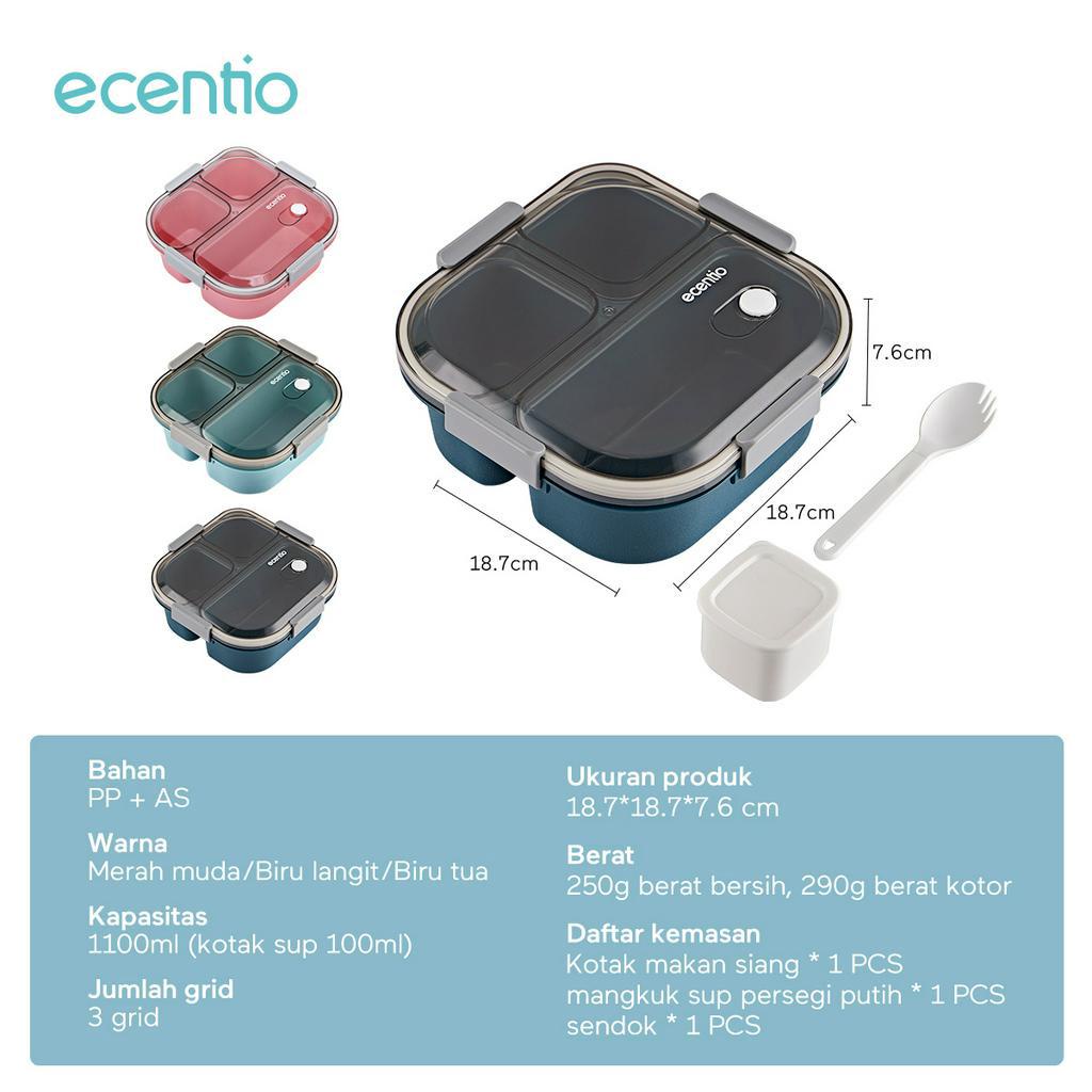 ecentio Kotak Makan 3 Grid lunch box/disegel Kotak/Anti bocor 850ml/1100ml tempat makan dan sendok/ Free BPA