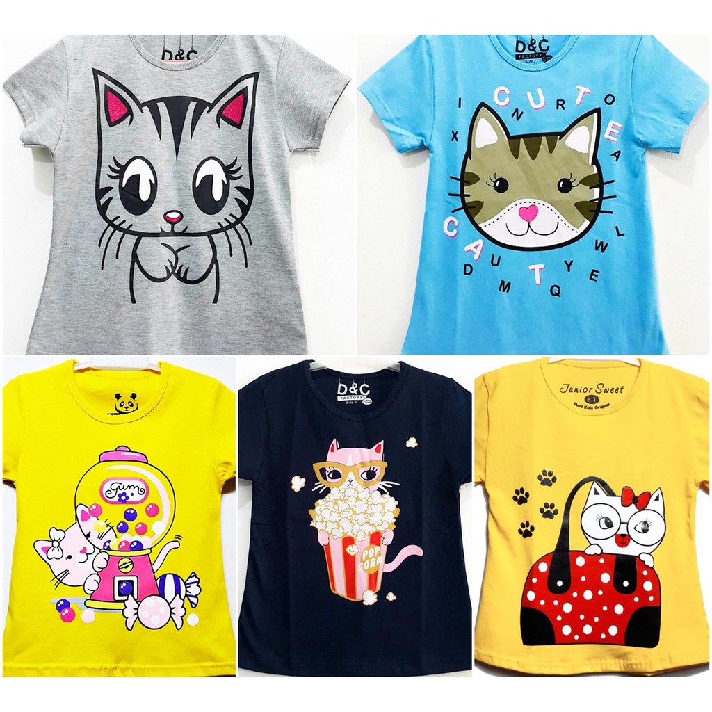Baju Kaos anak Perempuan umur 1 2 3 4 5 6 7 8 9 10 tahun motif Kucing