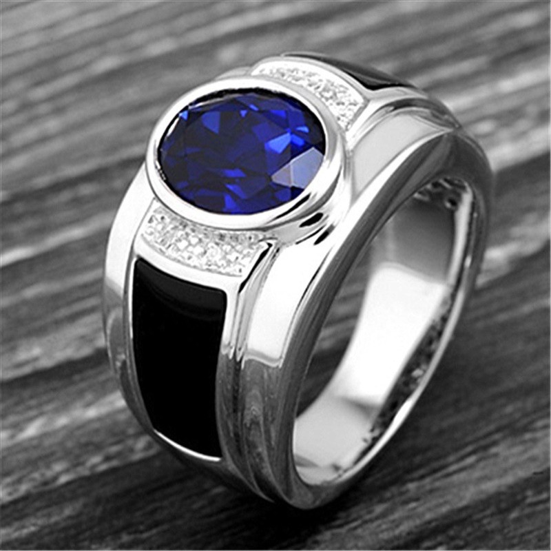 Cincin Pria Batu Blue Saphire Cubic Zirconia Akik Safir Biru Royal Warna Ring Perak List Hitam