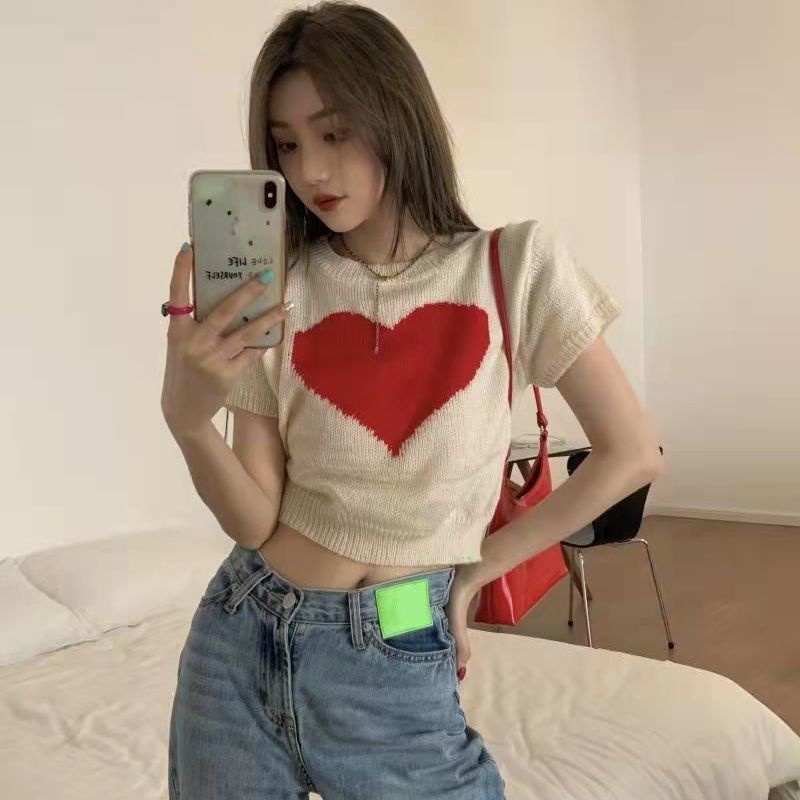 pro love sweater rajut wanita versi korea musim panas baru hot girl tops ins slim fit dan kaos lenga