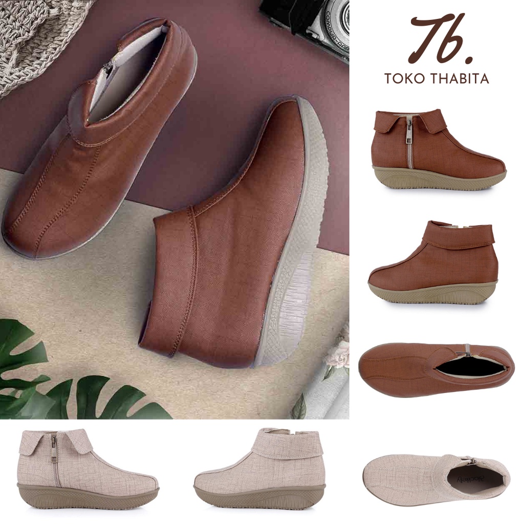 Sepatu Boots Wanita Flat Kulit Sintetis Resleting Korea Tanpa Tali Blackkelly Original Warna Cream Coklat