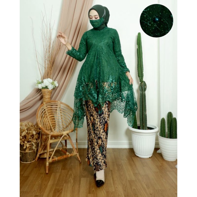 Setelan Kebaya Tunik Amelia / Kebaya Busui / Kebaya Wisuda / Kebaya Modern / Kebaya Cantik-Hijau Botol