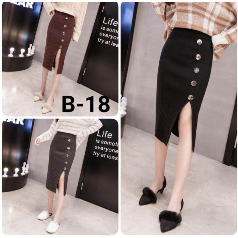 ROK MIDI SKIRT PREMIUM / ROK RAJUT WANITA / ROK BELAH PINGGIR MOTIP KANCING HITAM / ROK KOREAN STYLE KEKINIAN