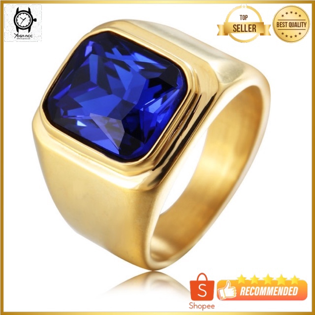 Cincin Pria Titanium 316L Gold Batu Akik Safir Biru Blue Saphire Octagon Minimalis High Quality