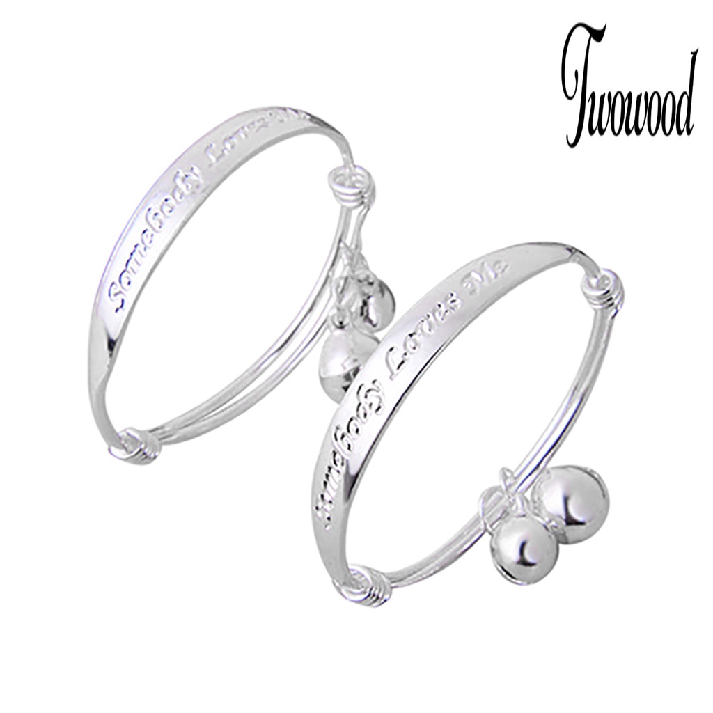 2 Pcs Gelang Lonceng Ganda Lapis Silver Motif Tulisan Inggris Untuk Bayi