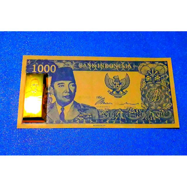 Uang kuno 1000 soekarno dan kuning sari 24K