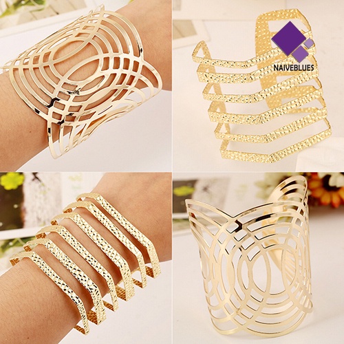 Naiveblue &gt; Gelang Tangan Terbuka Motif Geometri Aksen Hollow Warna Gold / Silver Untuk Unisex / Pria / Wanita