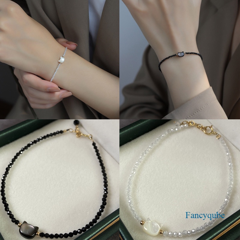 Gelang Tangan Rantai Adjustable Motif Kucing Hitam Putih Hias Kristalmutiara Untuk Wanita