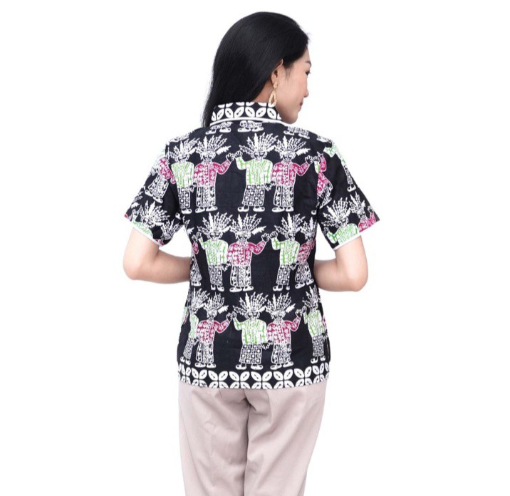 Kemaja Batik Wanita Blouse Atasan Motif Ondel Ondel Warna Merah & Hitam Size S-m-l-xl-xxl-3l-4l-5l