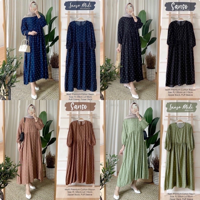 Sanso midi dress busui katun rayon motif polka long tunik terlaris