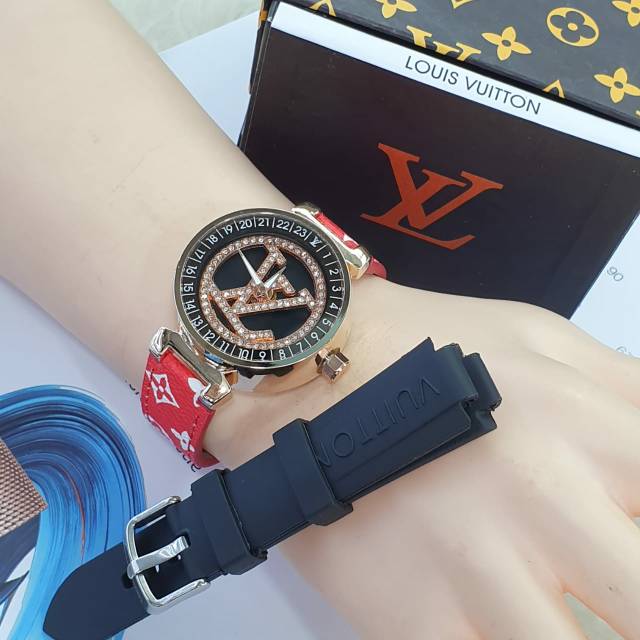 JAM TANGAN CEWEK LV BISA PUTAR 360° KULIT FREE TALI RUBBER || DIAMETER 3.8 CM ||