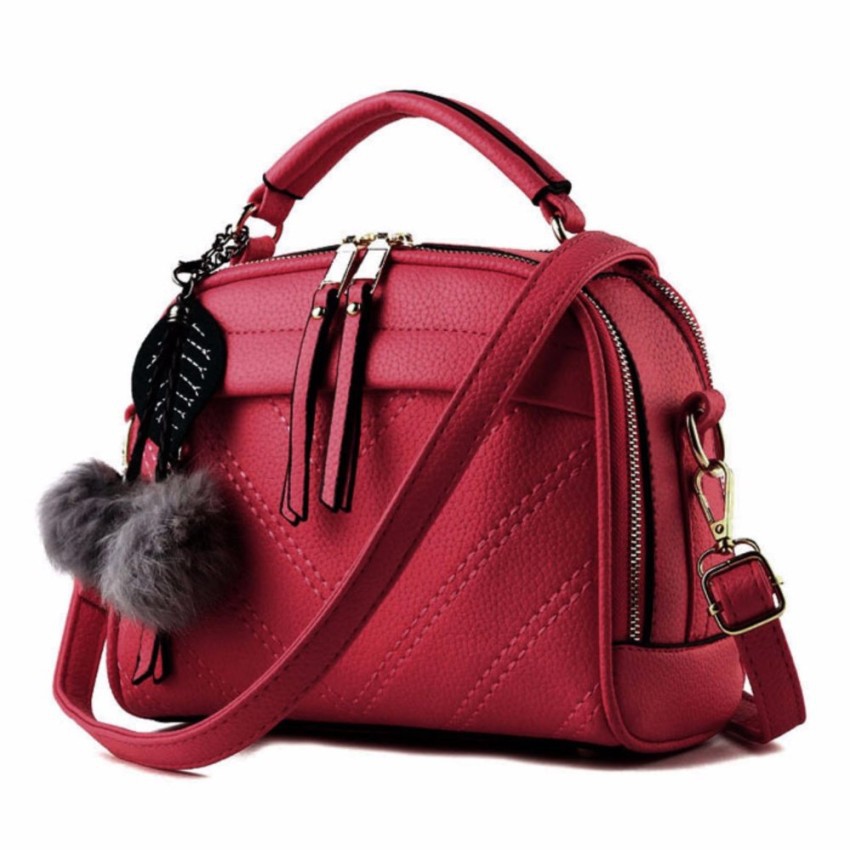 Vicria Tas Branded  Wanita With Pompom   High Quality PU Leather Korean Elegant Bag Style   Merah