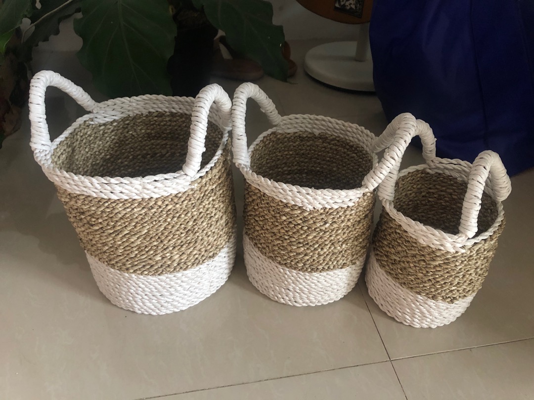 Keranjang Meja Set Isi 3pc White Anyaman Cover Pot Tanaman/scandynavian
