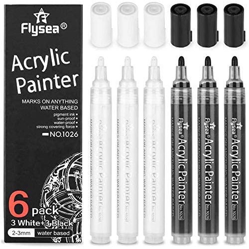 6pcs/pack 0.7mm Fine Tip Black White Acrylic Paint Marker Pens for Rock Painting Wood Metal Stone Ceramic Glass Graffiti Paper Drawing