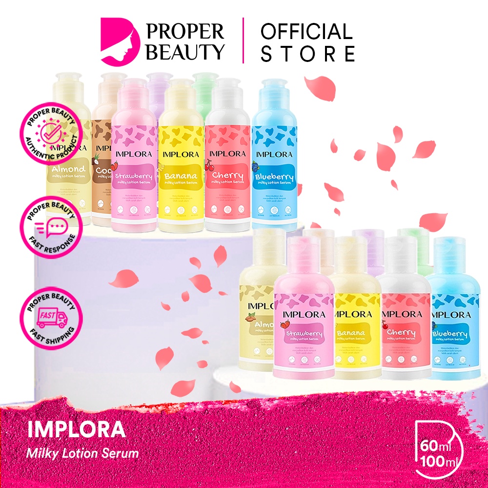 IMPLORA Milky Lotion Serum Indonesia / 60ml 100ml Almond Banana Blueberry Cherry Coconut Grape Melon Strawberry / Niacinamide Lactobacillus Milk Protein / Melembabkan Mencerahkan / Skincare Body Care Cream Butter Perawatan Treatment Kulit Tubuh Susu Paket