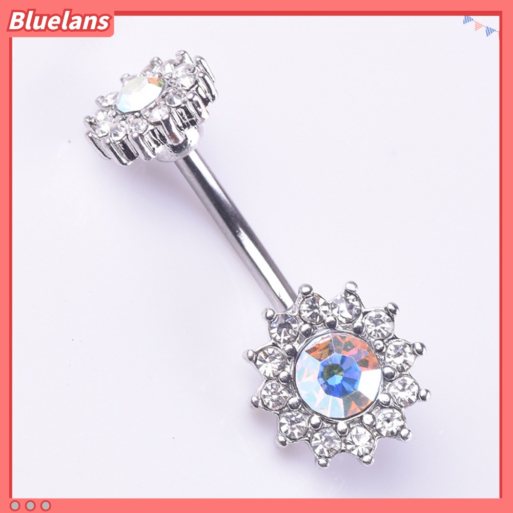 Bluelans Sexy Women Dual Floral Shiny Rhinestone Barbell Navel Ring Body Piercing Jewelry