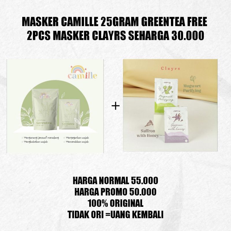 Masker Camille beauty BPOM//masker clayrs Mugwort //masker clayrs saffron/masker yoqueen beauty BPOM-Greentea camille 25