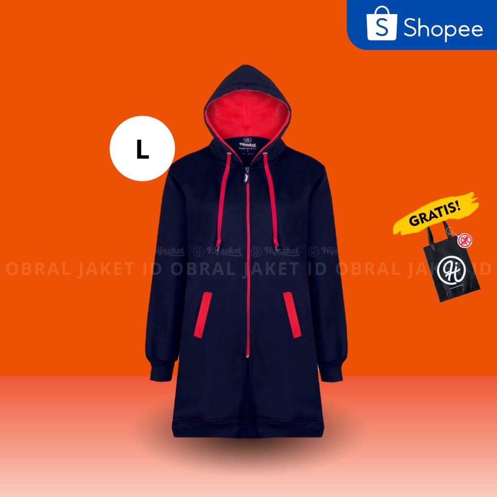 Jaket Polos Wanita Hijacket Basic Navy x Red Hoodie Panjang Bahan Premium Fleece Tebal-ALL SIZE