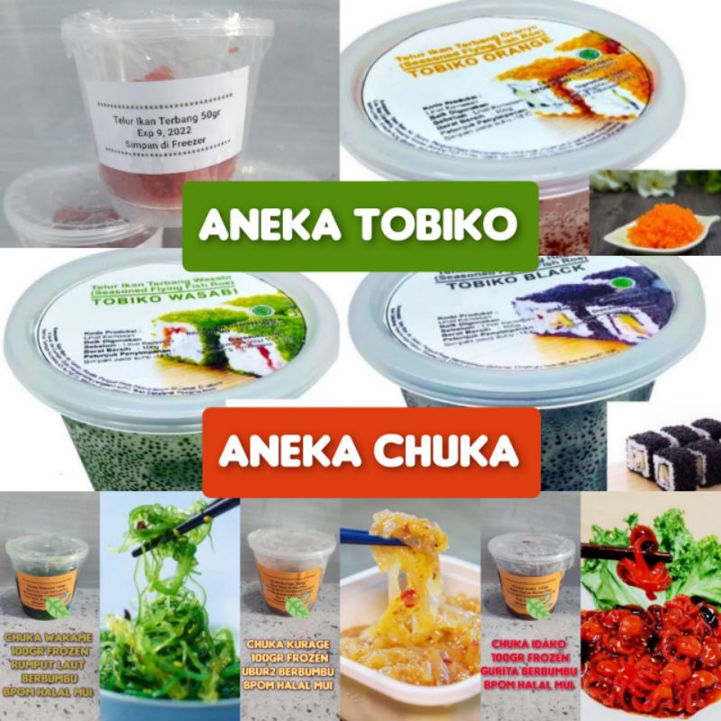

Tobiko oren hijau hitam fish roe chuka idako wakame kurage telur ikan terbang halal bahan sushi nori rumput laut