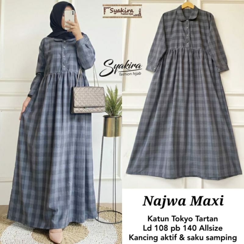 Najwa Maxy by Syakira Fashion Hijab maxy Dress Tartan Kotak Motif Katun Tartan Tokyo