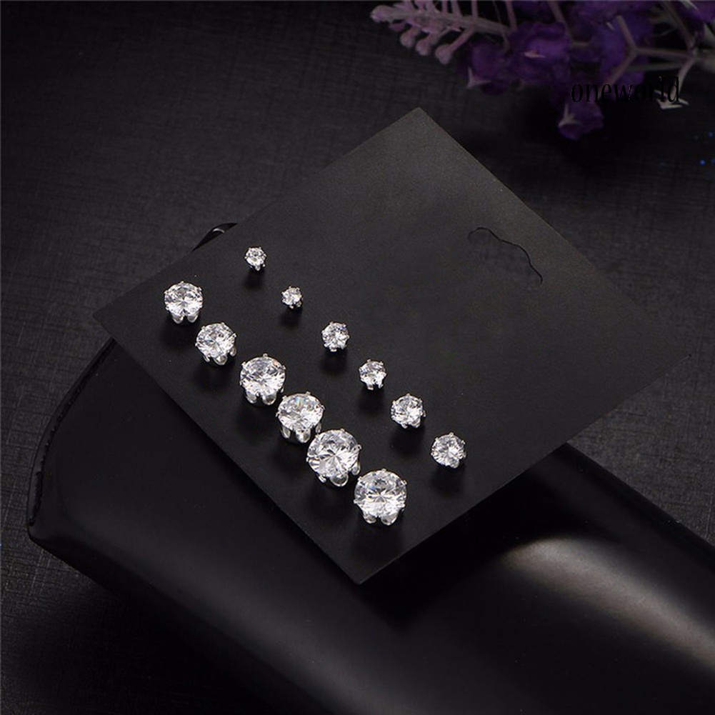 OW@ 6Pairs Women Jewelry Round Cubic Zirconia CZ Crown Ear Stud Earrings Xmas Gift