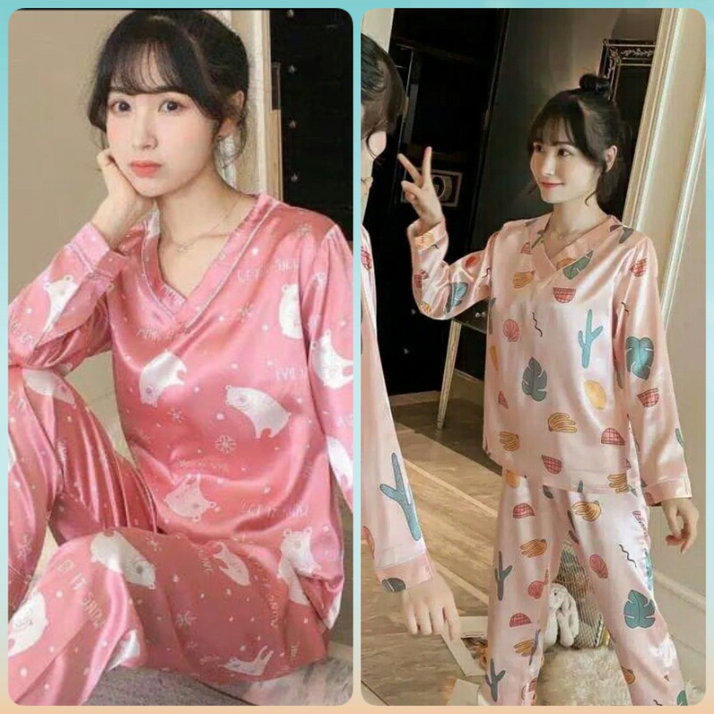 Piyama Kerah V Satin / Piyama Lengan Panjang / Piyama Satin Wanita
