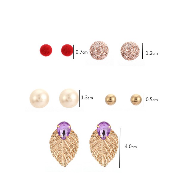 LRC Anting Tusuk Fashion Gold Pearl Alloy Geometric Diamond Drop Leaf Stud Earrings 5 ??pairs F78110