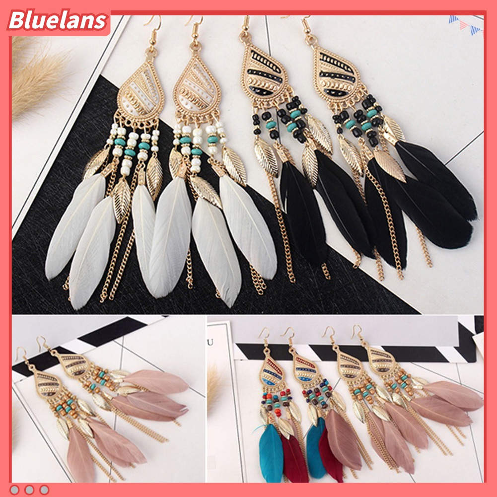 Bluelans Anting Kait Gantung Wanita Desain Bulu Gaya Vintageelegan Untuk Hadiah