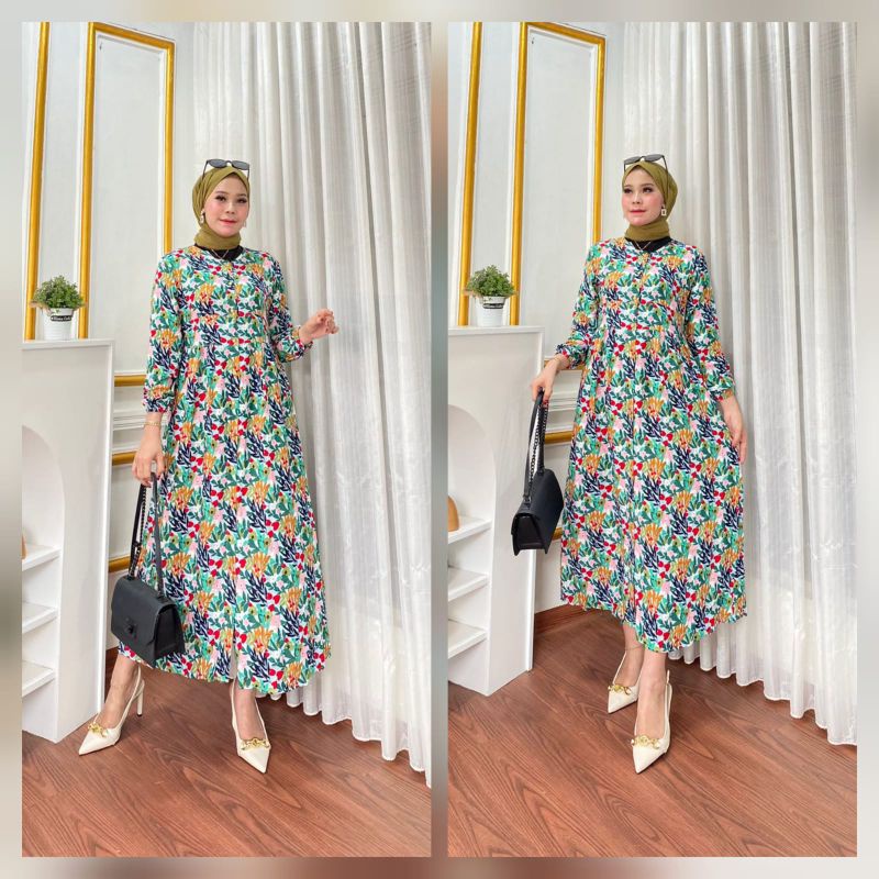 Gamis Bunga Full Kancing By Rivco // Dress Rayon Eksklusif // Dress Motif Bunga