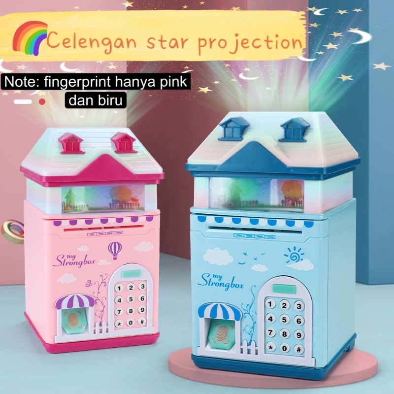 celengan atm Rumah lampu led Projector model fingerprint brankas safe deposit box koin + kertas mainan anak